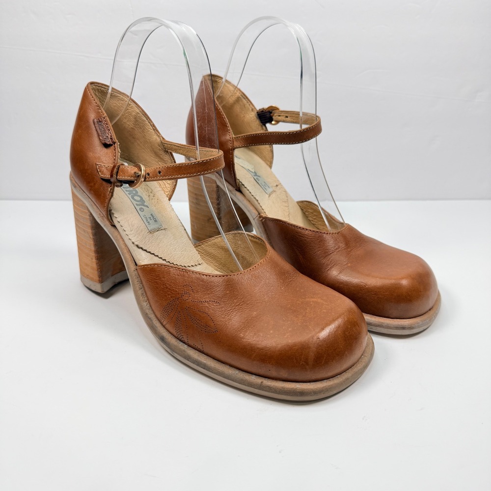 RARE 90s VTG Destroy Womens 38 Mary Jane Heels Brown Leather Chunky Square Toe
